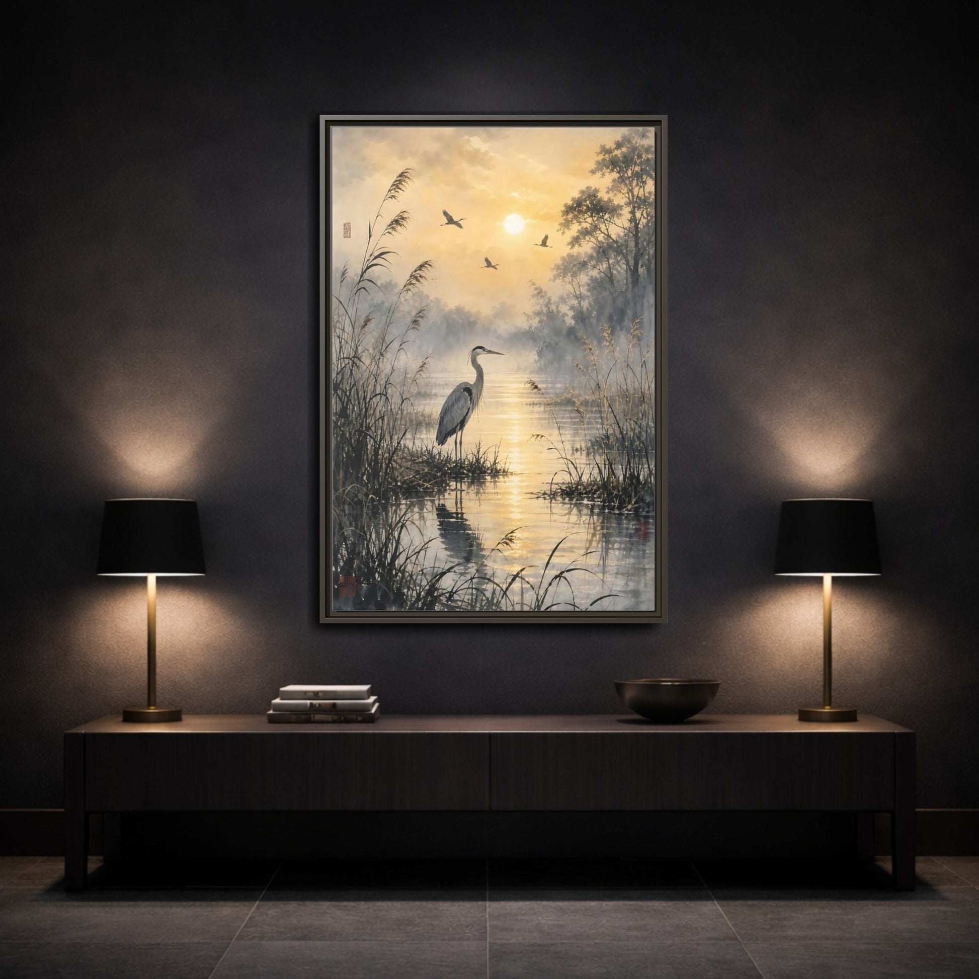 Mockup 3. Nature Heron Golden Sunset Heron shown as stretched canvas wall art