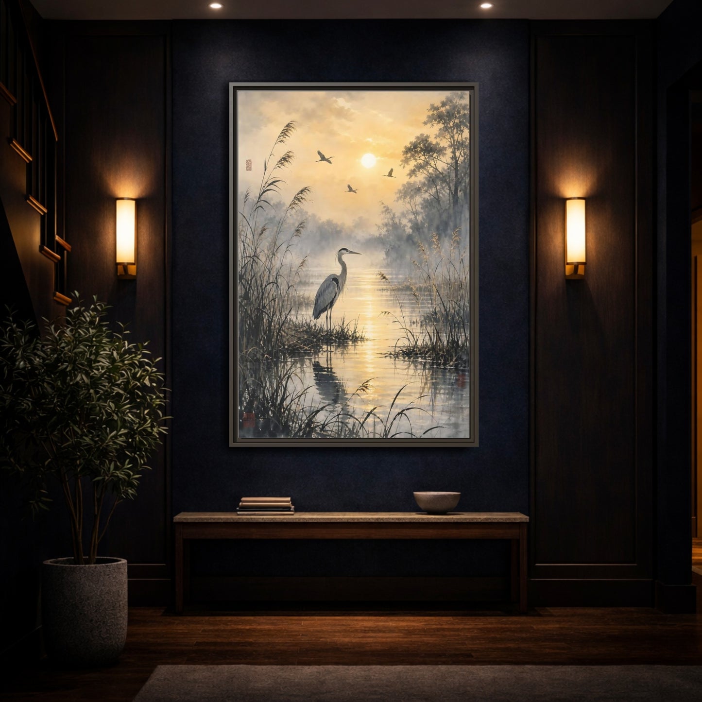 Mockup 4. Nature Heron Golden Sunset Heron shown as stretched canvas wall art