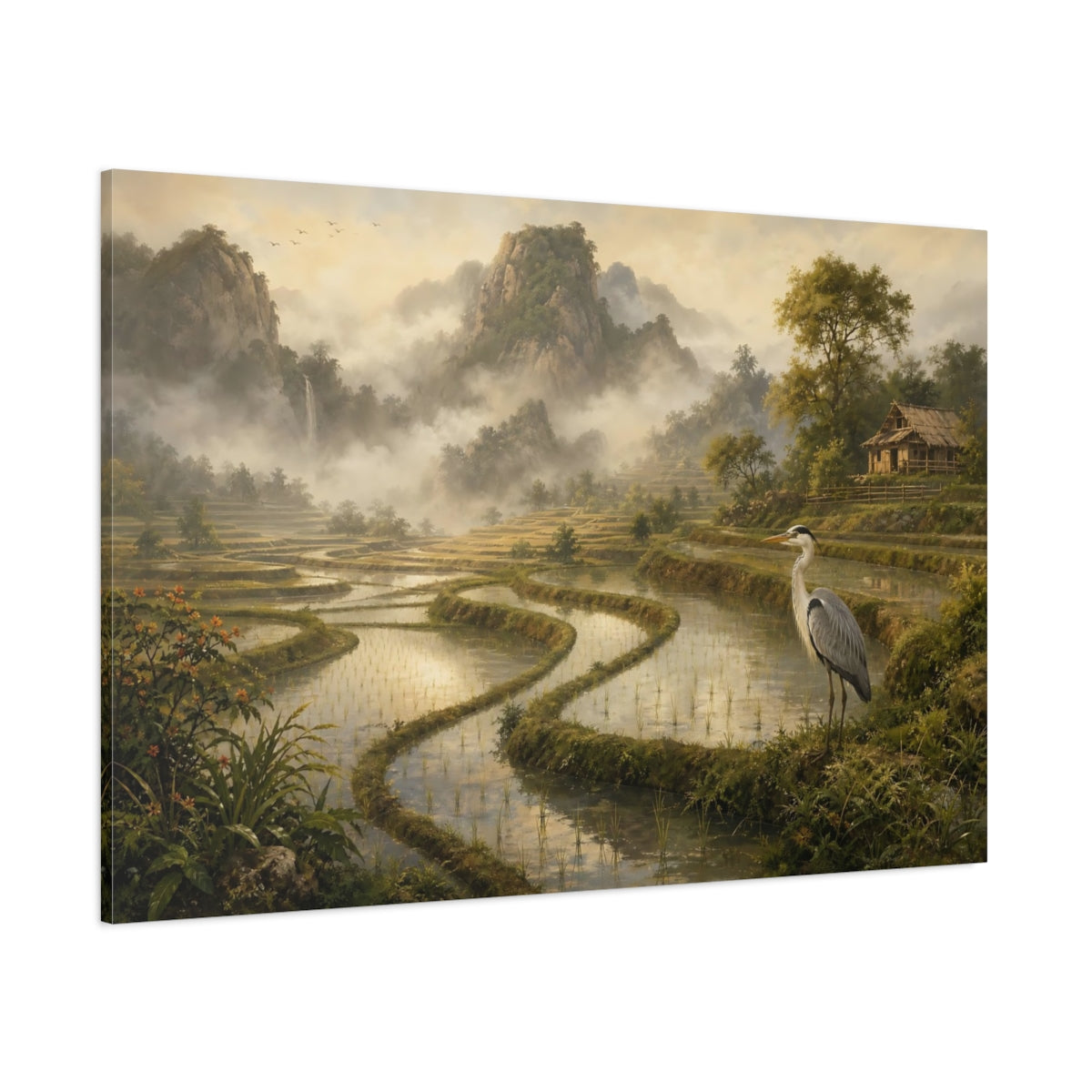 Side Mockup 1. Nature Heron Misty Landscape shown as stretched canvas wall art