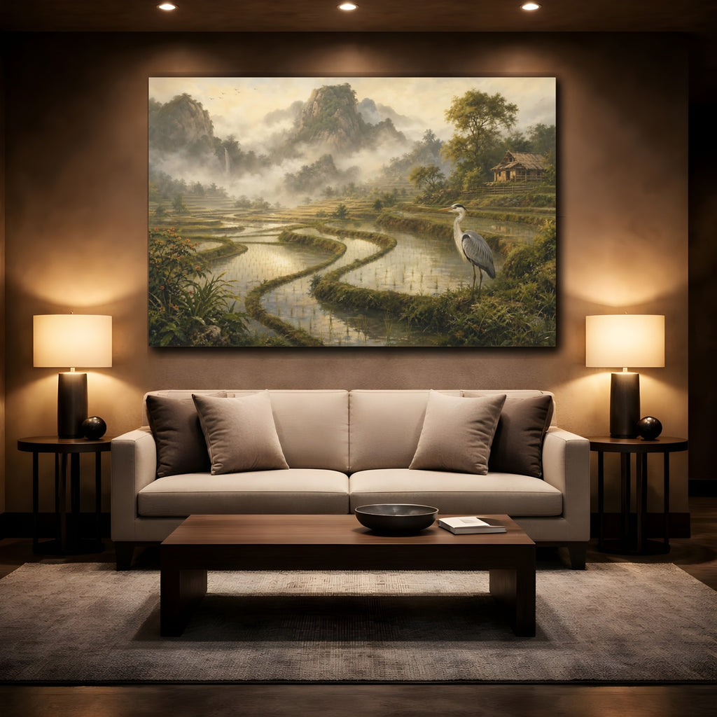 Mockup 2. Nature Heron Misty Landscape shown as stretched canvas wall art