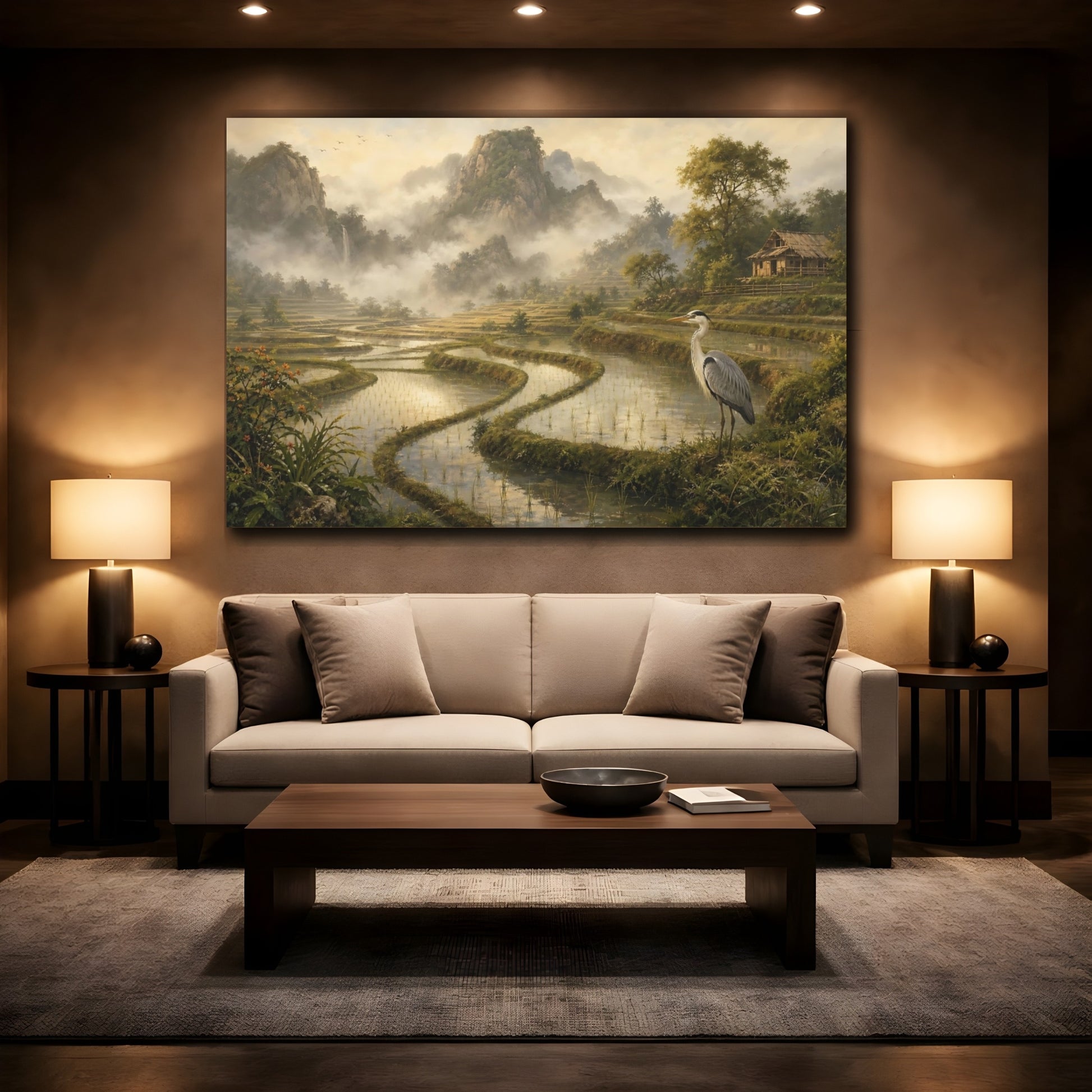 Mockup 2. Nature Heron Misty Landscape shown as stretched canvas wall art