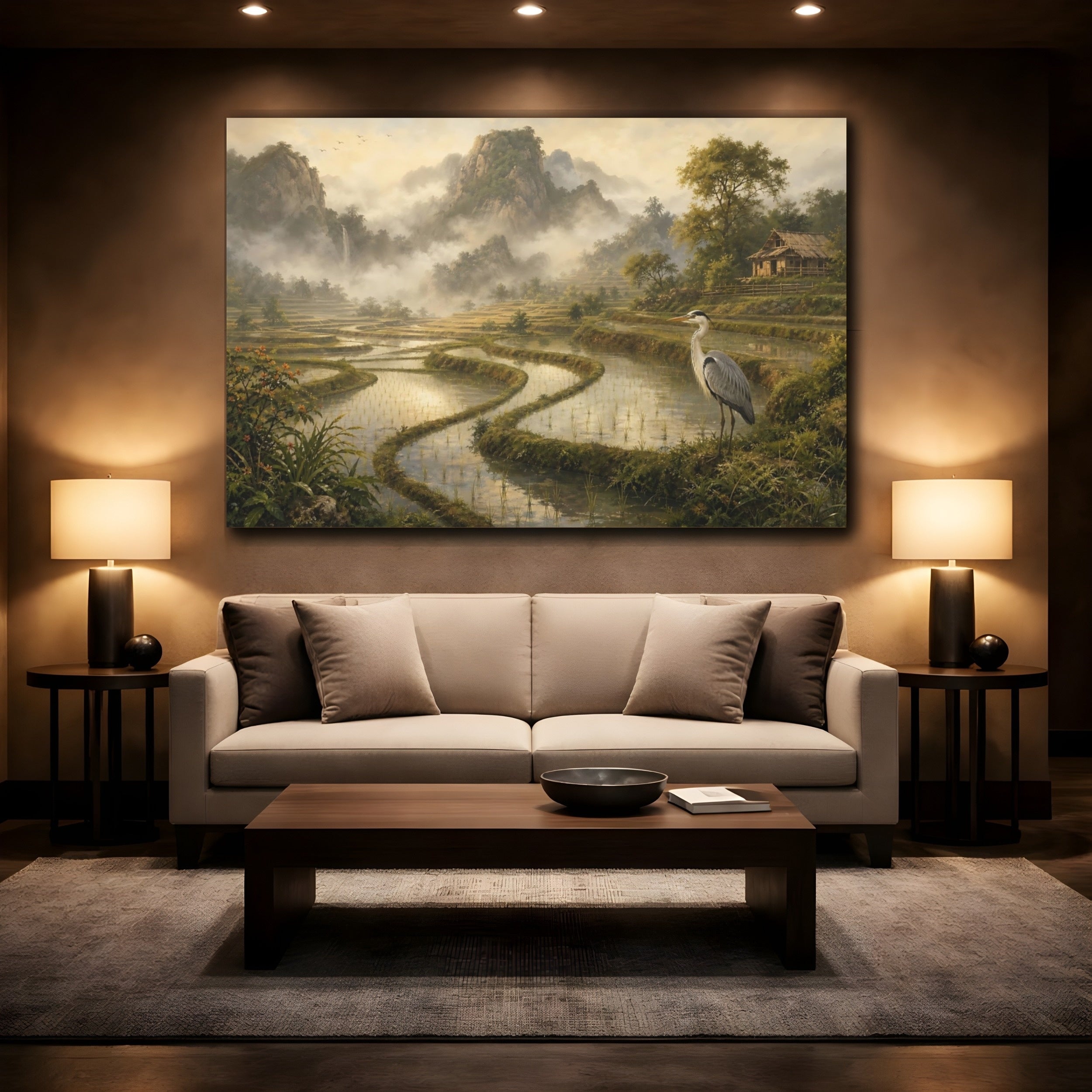 Mockup 2. Nature Heron Misty Landscape shown as stretched canvas wall art