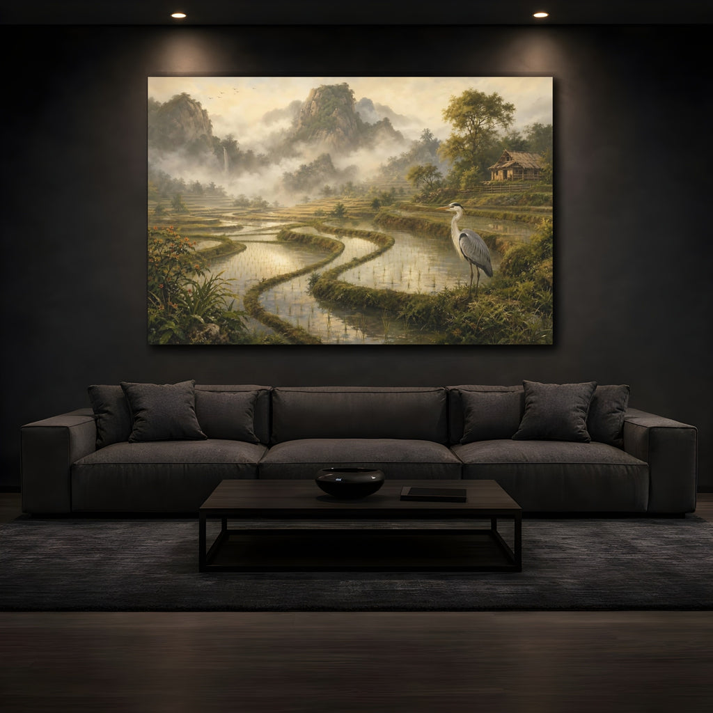 Mockup 3. Nature Heron Misty Landscape shown as stretched canvas wall art