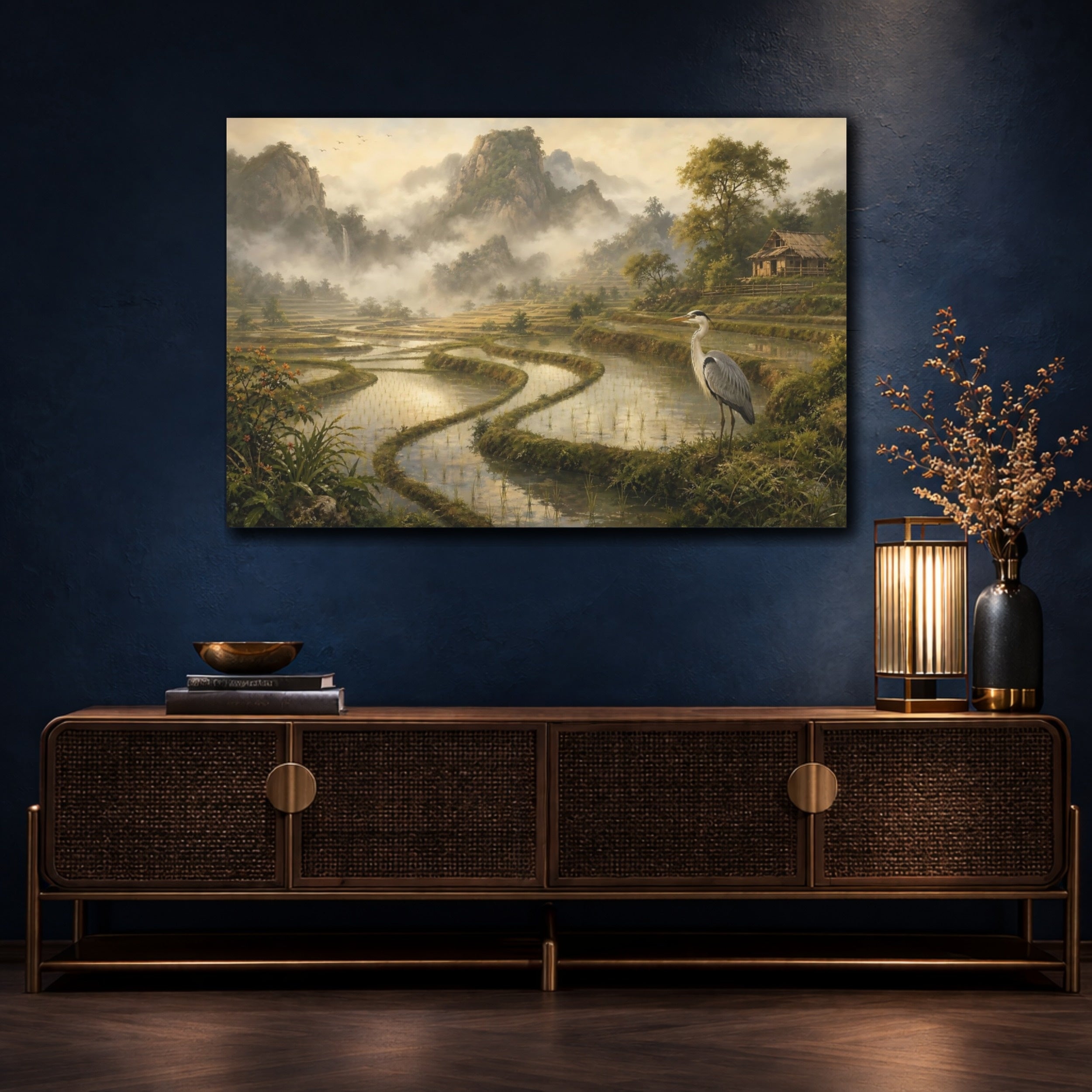 Mockup 4. Nature Heron Misty Landscape shown as stretched canvas wall art