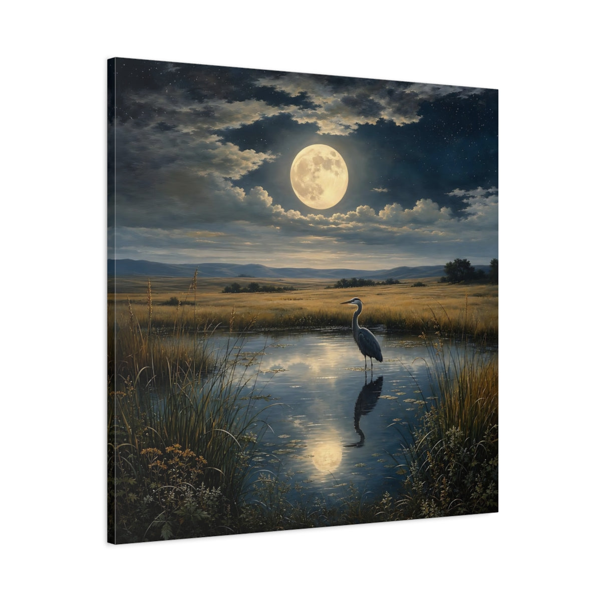 Main Mockup. Nature Heron Moonlit Landscape shown as stretched canvas wall art