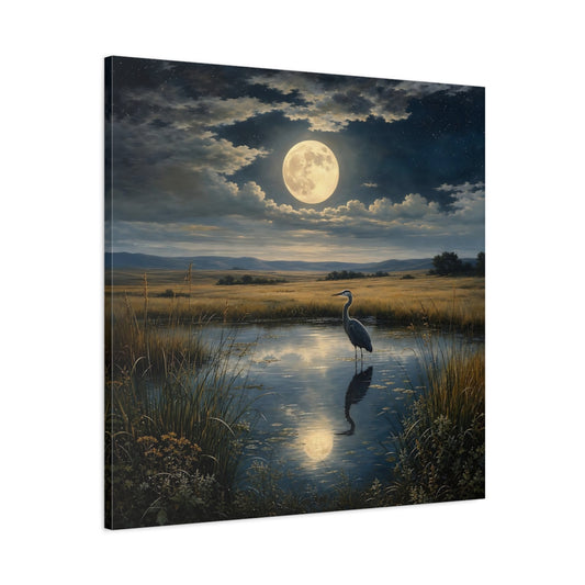 Main Mockup. Nature Heron Moonlit Landscape shown as stretched canvas wall art
