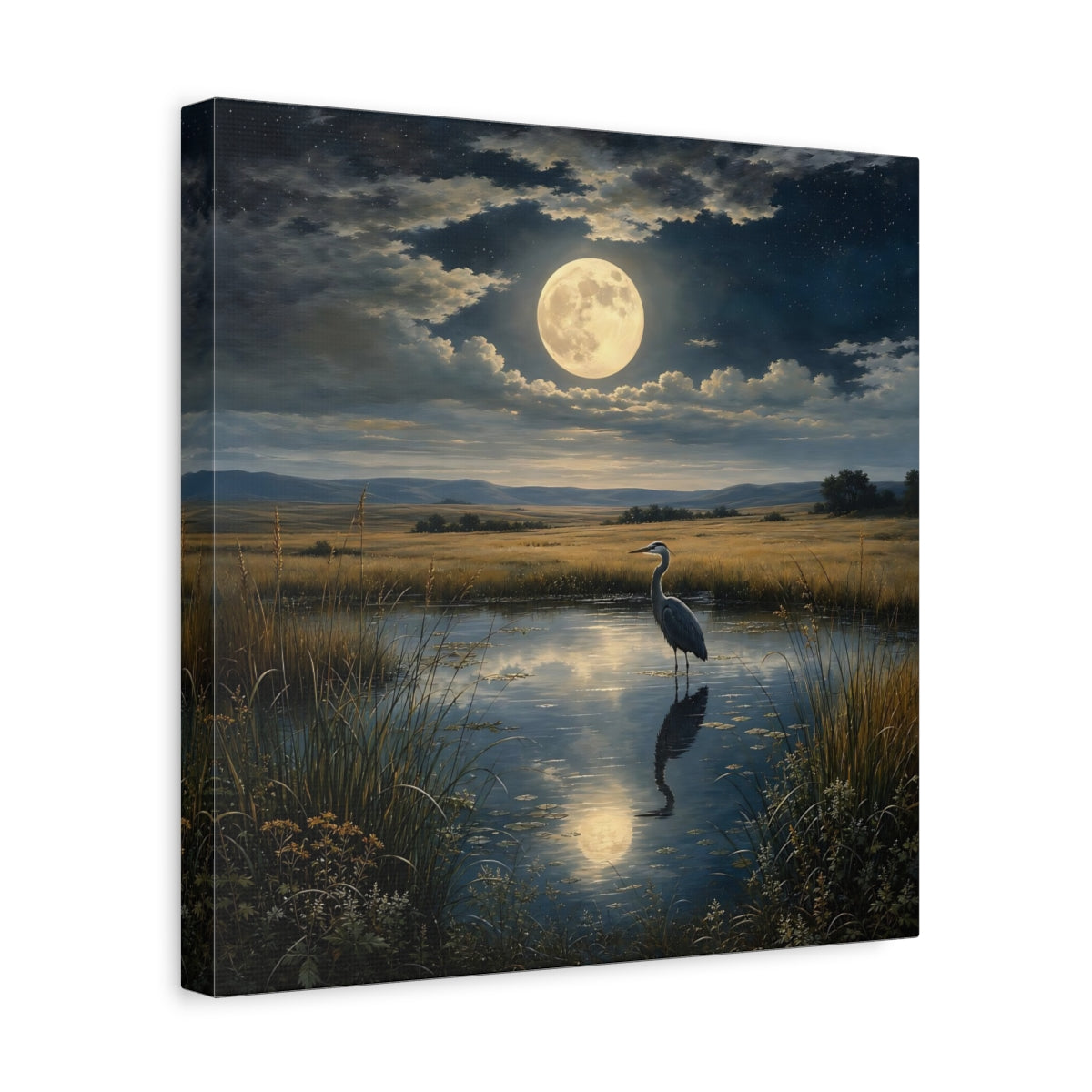 Side Mockup 7. Nature Heron Moonlit Landscape shown as stretched canvas wall art