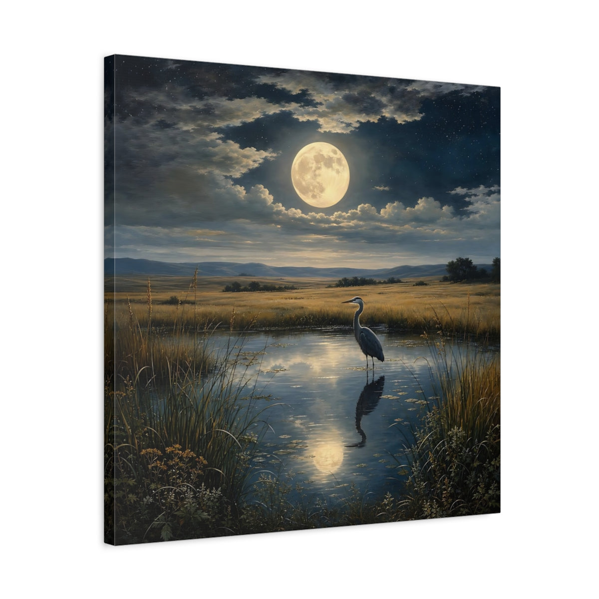 Side Mockup 4. Nature Heron Moonlit Landscape shown as stretched canvas wall art