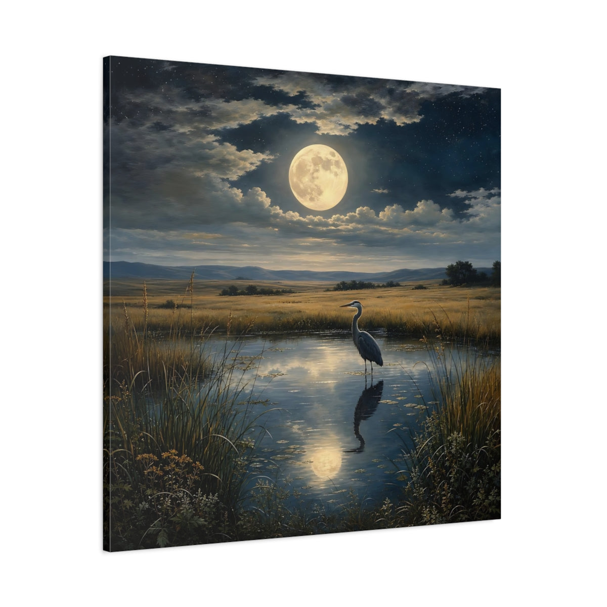 Side Mockup 1. Nature Heron Moonlit Landscape shown as stretched canvas wall art