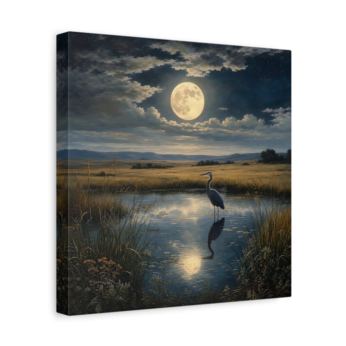 Side Mockup 8. Nature Heron Moonlit Landscape shown as stretched canvas wall art