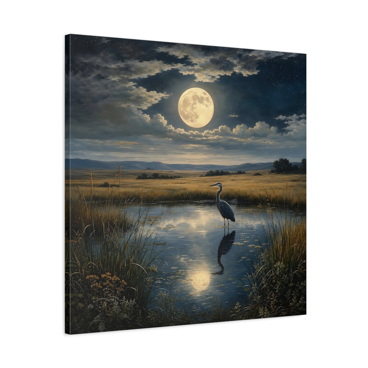 Side Mockup 3. Nature Heron Moonlit Landscape shown as stretched canvas wall art