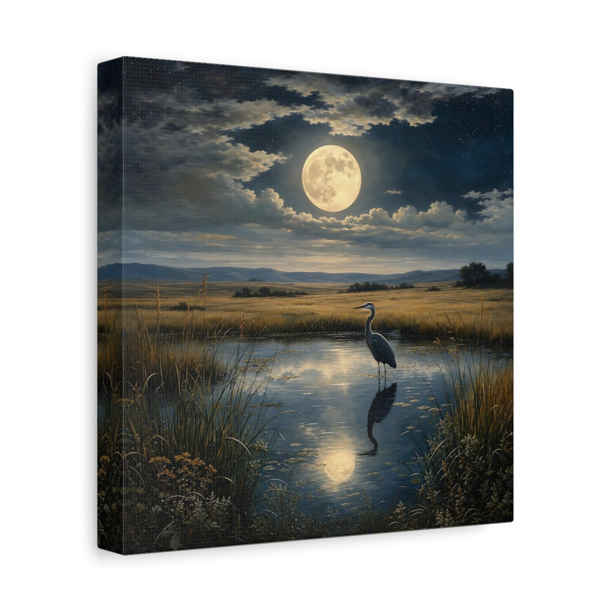 Side Mockup 9. Nature Heron Moonlit Landscape shown as stretched canvas wall art