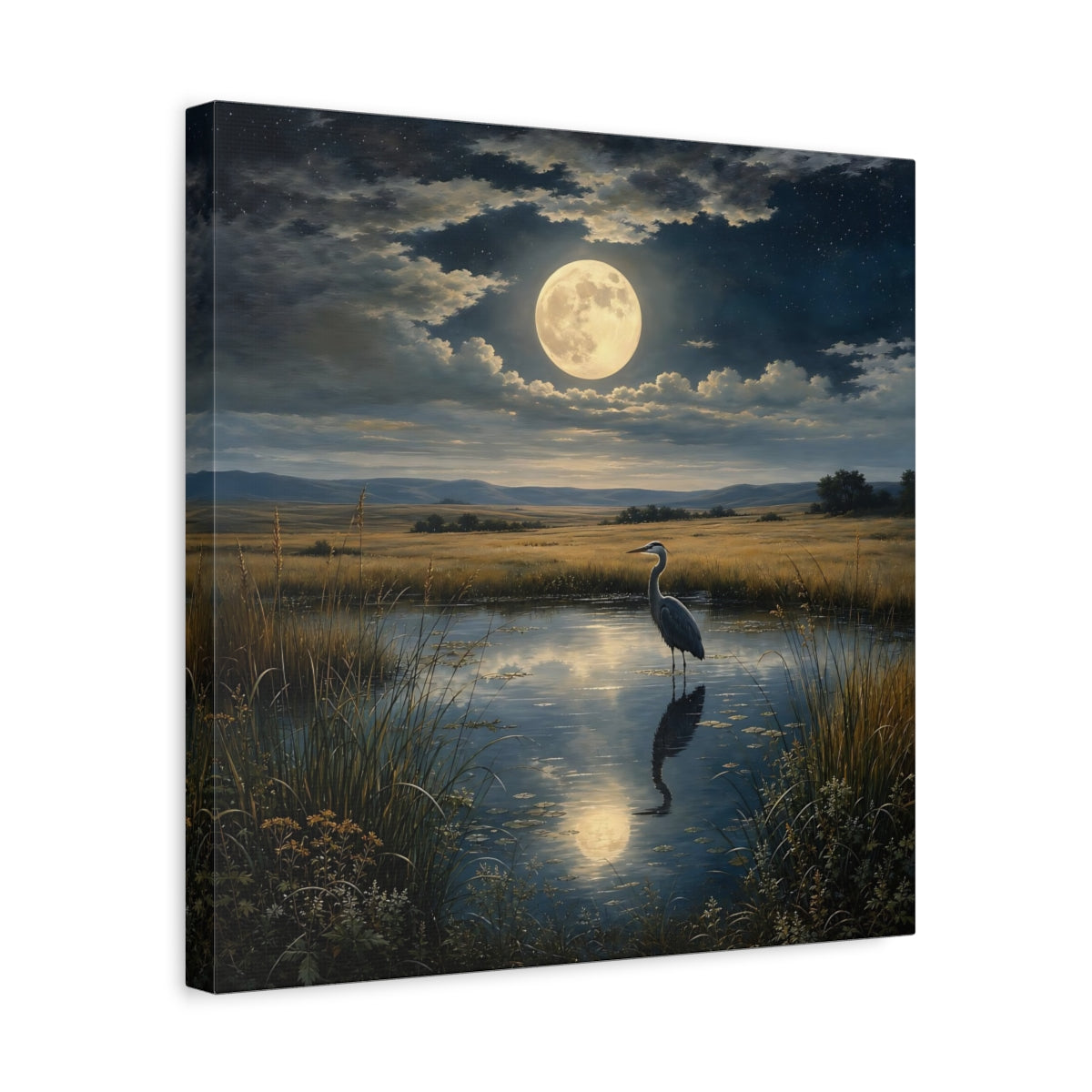 Side Mockup 6. Nature Heron Moonlit Landscape shown as stretched canvas wall art
