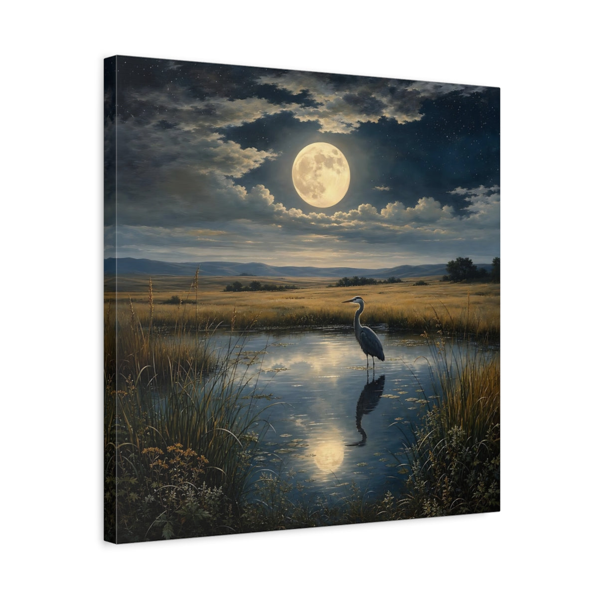 Side Mockup 5. Nature Heron Moonlit Landscape shown as stretched canvas wall art