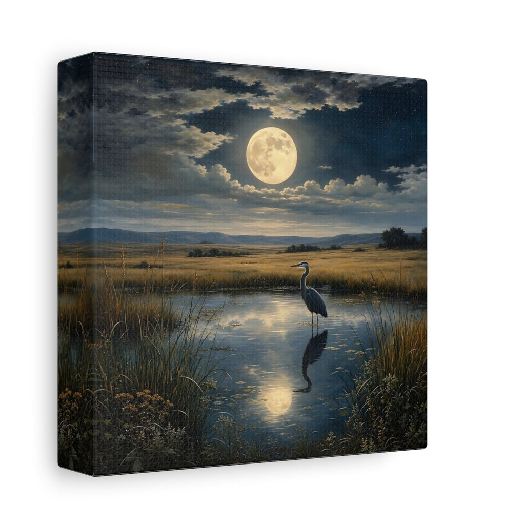 Side Mockup 2. Nature Heron Moonlit Landscape shown as stretched canvas wall art