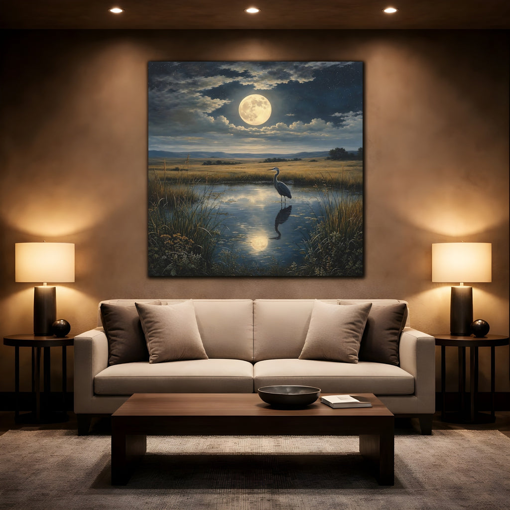 Mockup 2. Nature Heron Moonlit Landscape shown as stretched canvas wall art