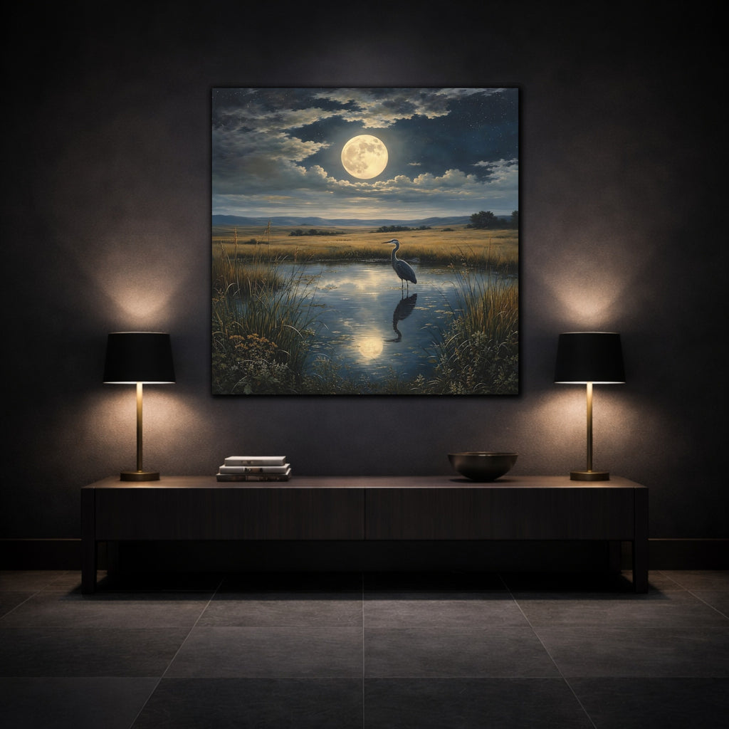 Mockup 3. Nature Heron Moonlit Landscape shown as stretched canvas wall art