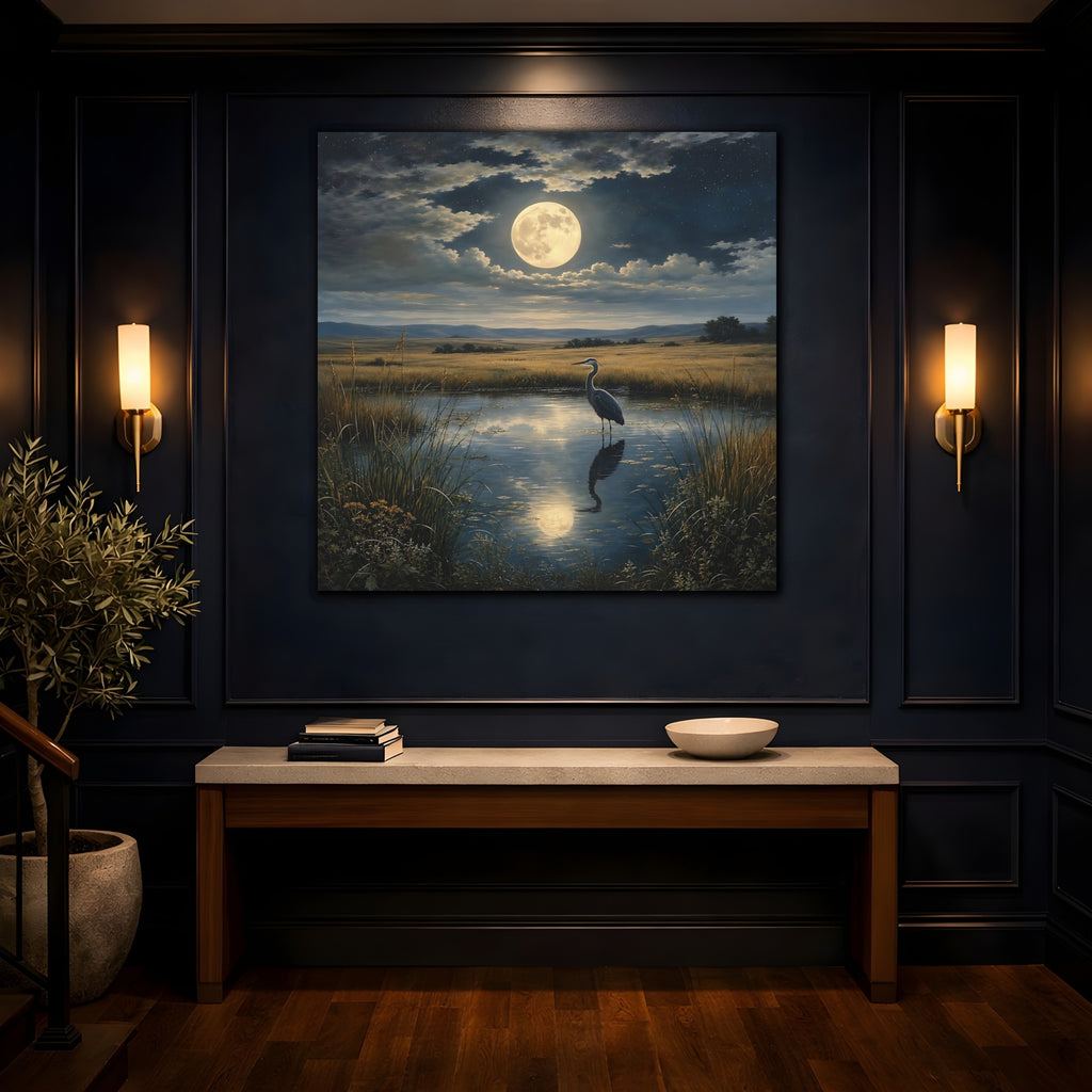 Mockup 4. Nature Heron Moonlit Landscape shown as stretched canvas wall art
