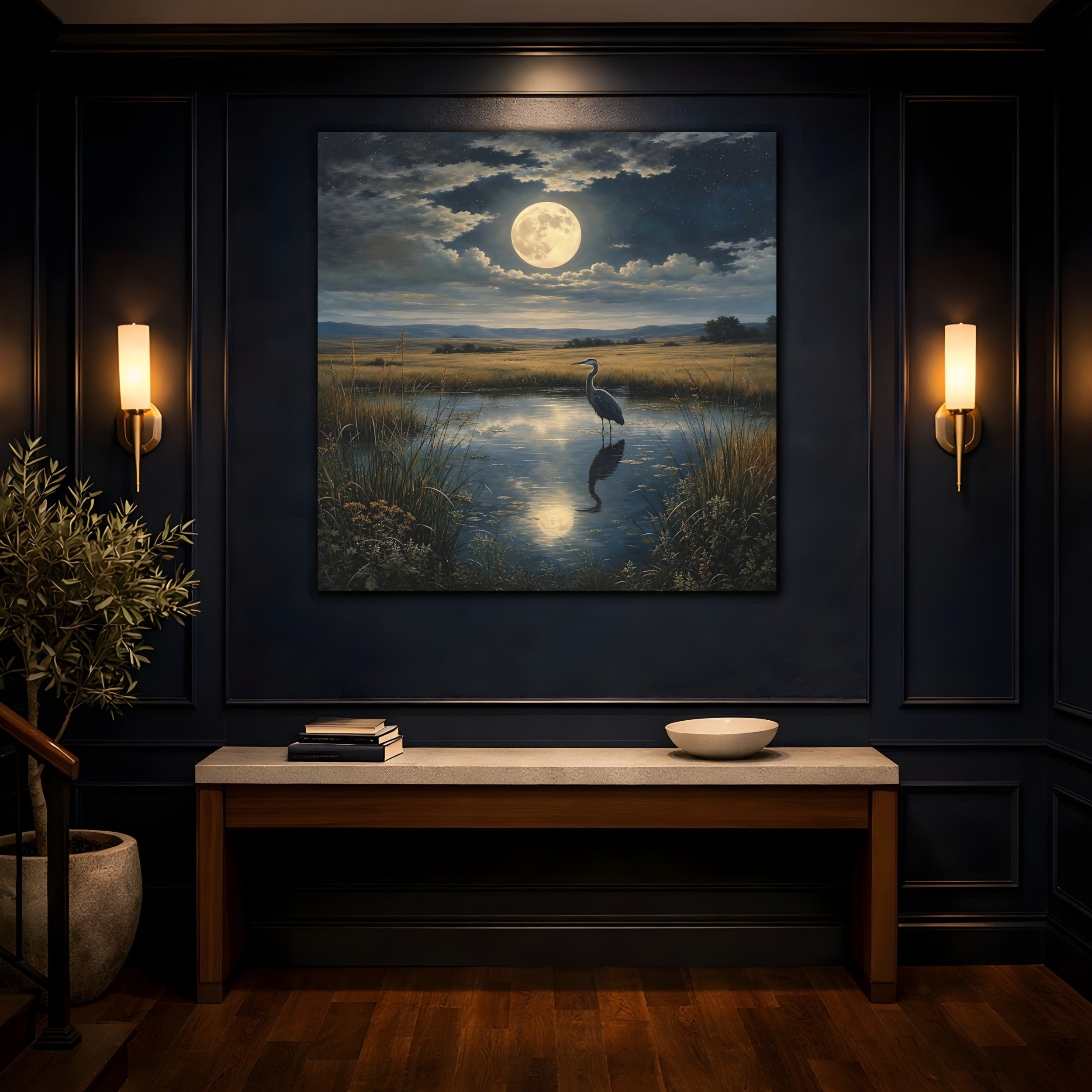 Mockup 4. Nature Heron Moonlit Landscape shown as stretched canvas wall art