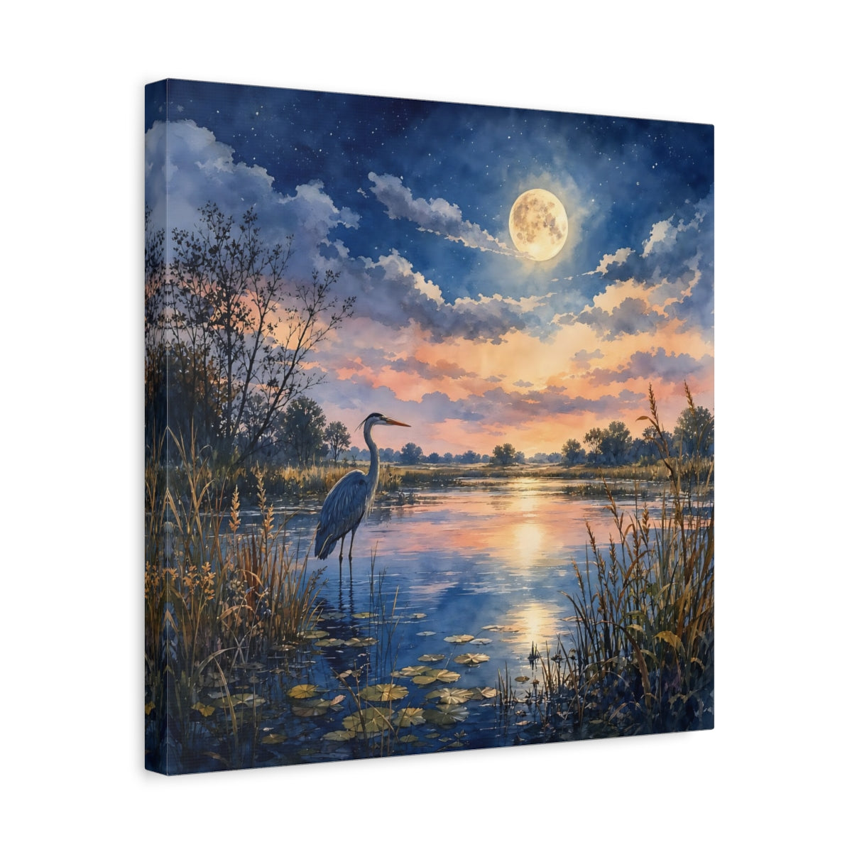 Side Mockup 6. Nature Heron Twilight Heron shown as stretched canvas wall art