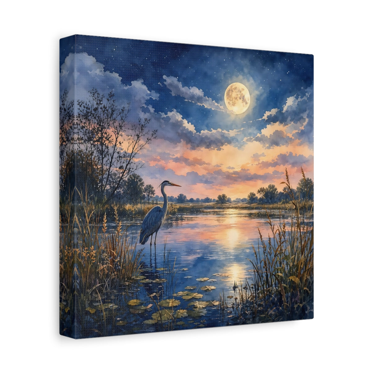 Side Mockup 9. Nature Heron Twilight Heron shown as stretched canvas wall art
