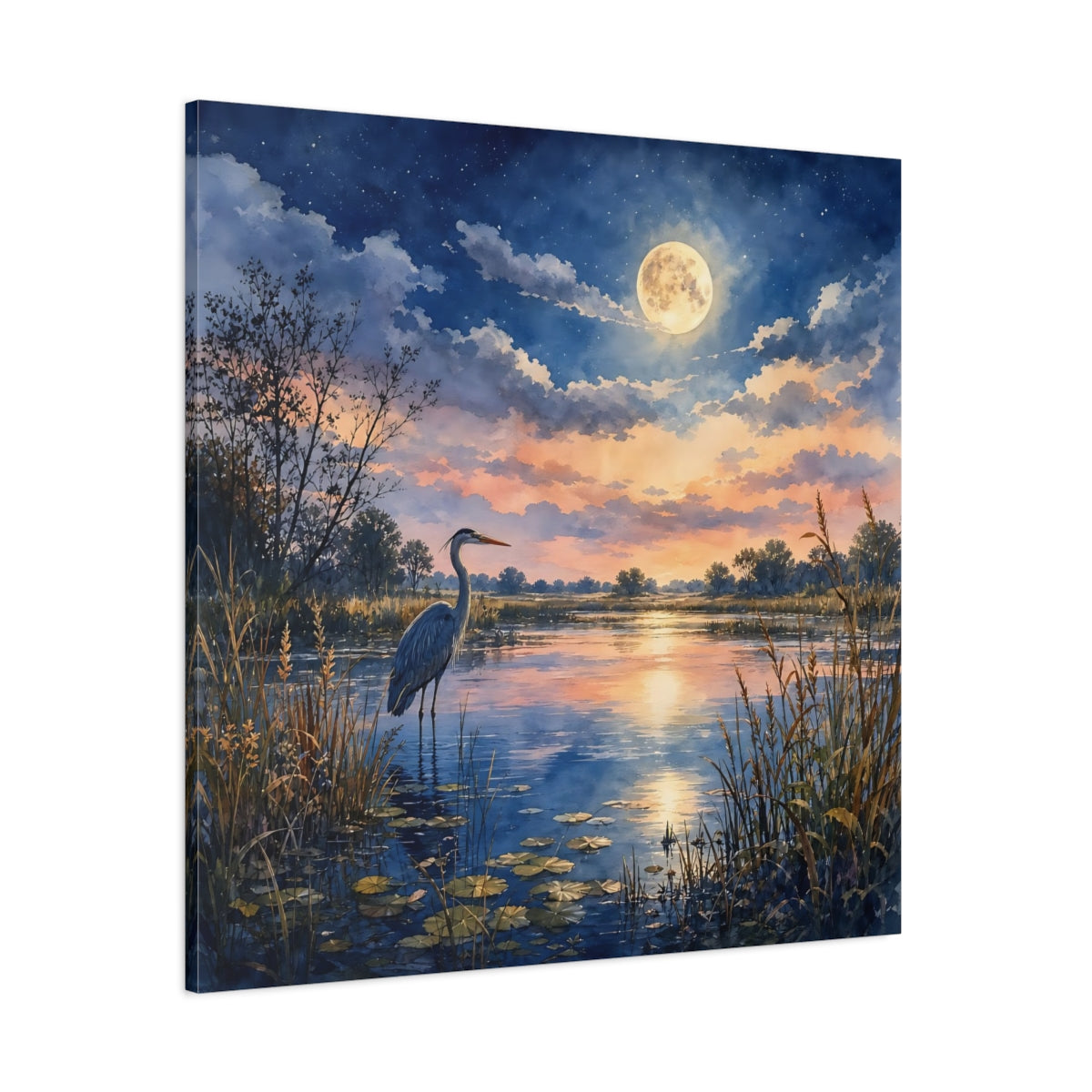 Side Mockup 1. Nature Heron Twilight Heron shown as stretched canvas wall art