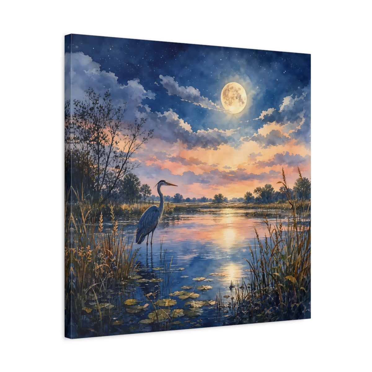 Side Mockup 4. Nature Heron Twilight Heron shown as stretched canvas wall art