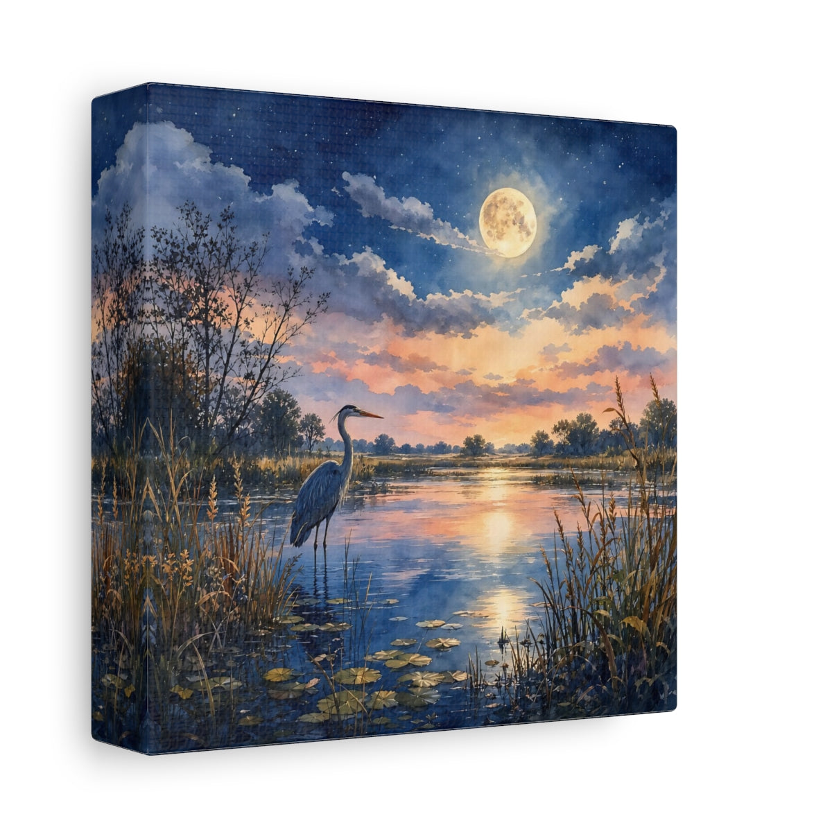 Side Mockup 2. Nature Heron Twilight Heron shown as stretched canvas wall art