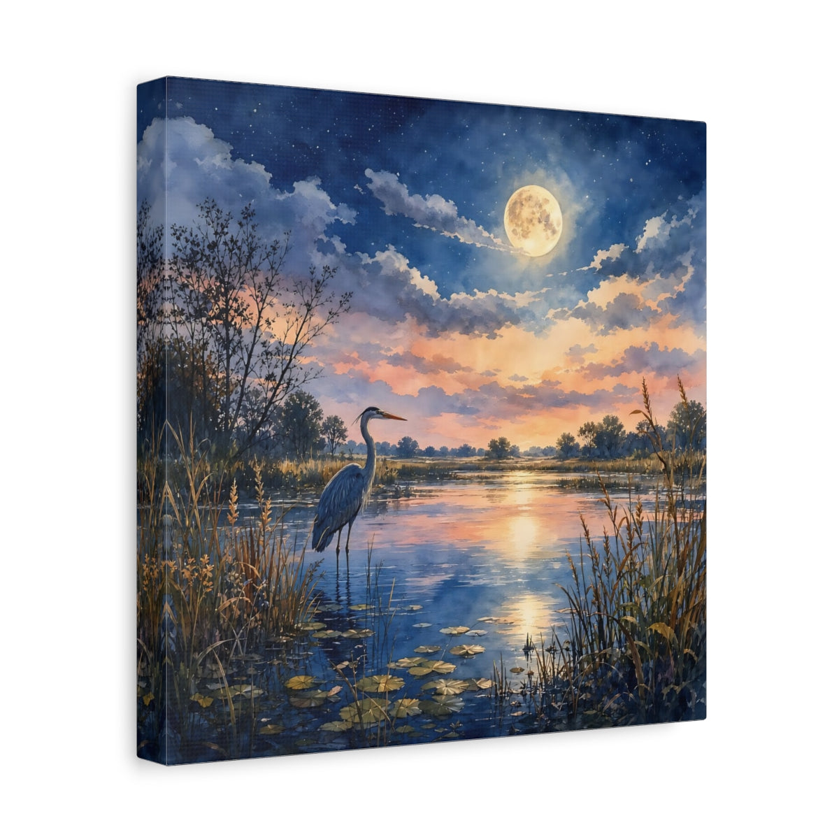 Side Mockup 8. Nature Heron Twilight Heron shown as stretched canvas wall art
