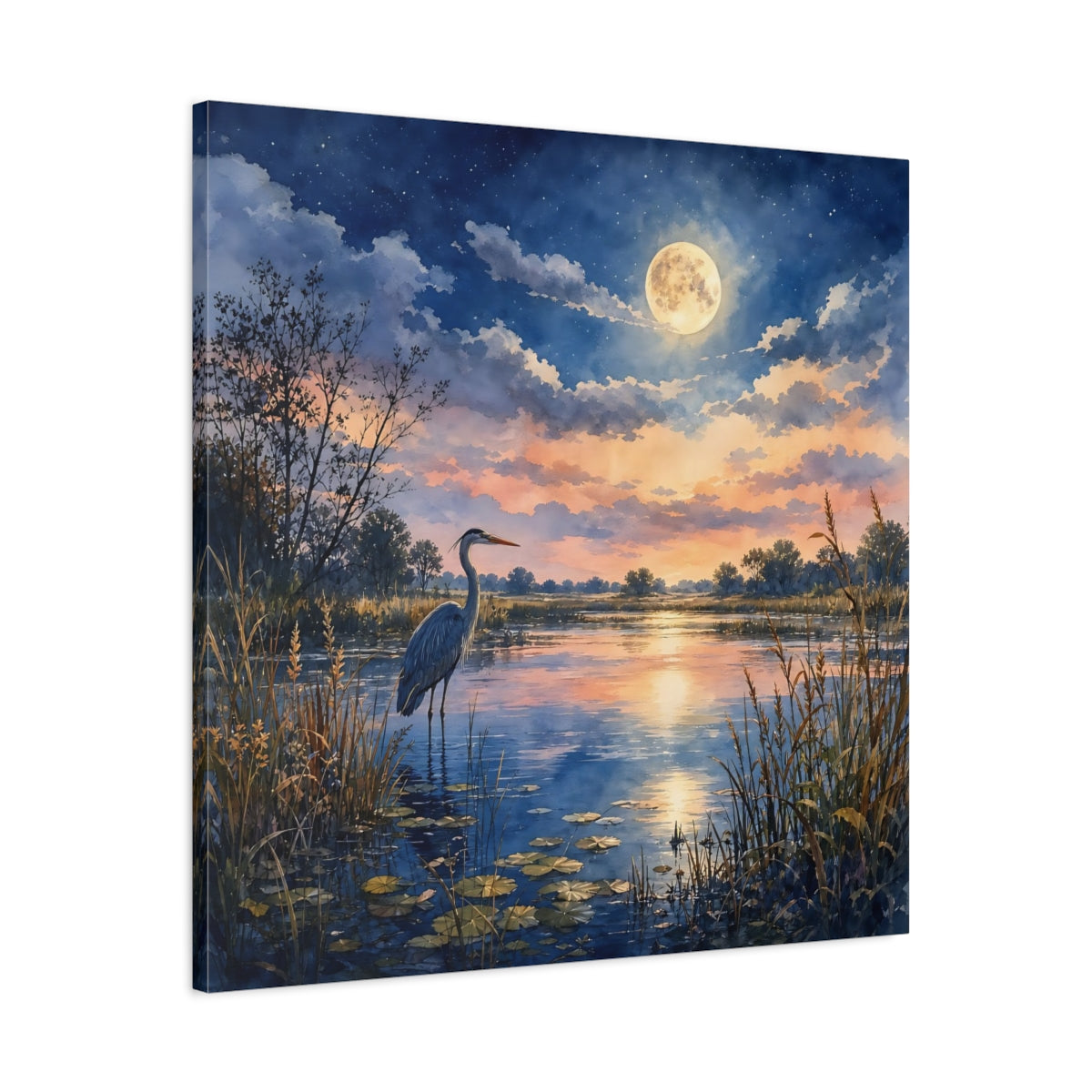 Side Mockup 3. Nature Heron Twilight Heron shown as stretched canvas wall art