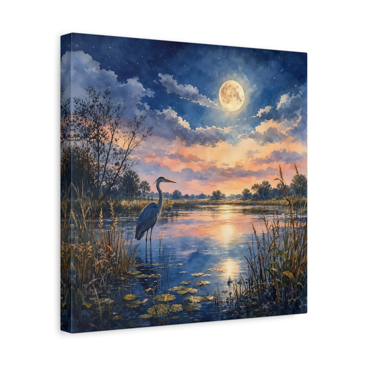 Side Mockup 7. Nature Heron Twilight Heron shown as stretched canvas wall art
