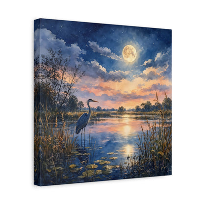Side Mockup 7. Nature Heron Twilight Heron shown as stretched canvas wall art
