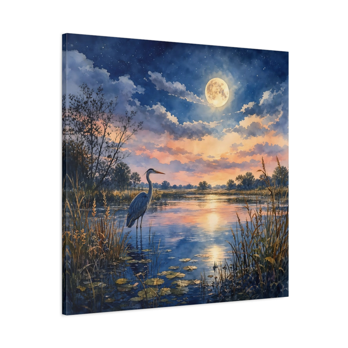 Main Mockup. Nature Heron Twilight Heron shown as stretched canvas wall art