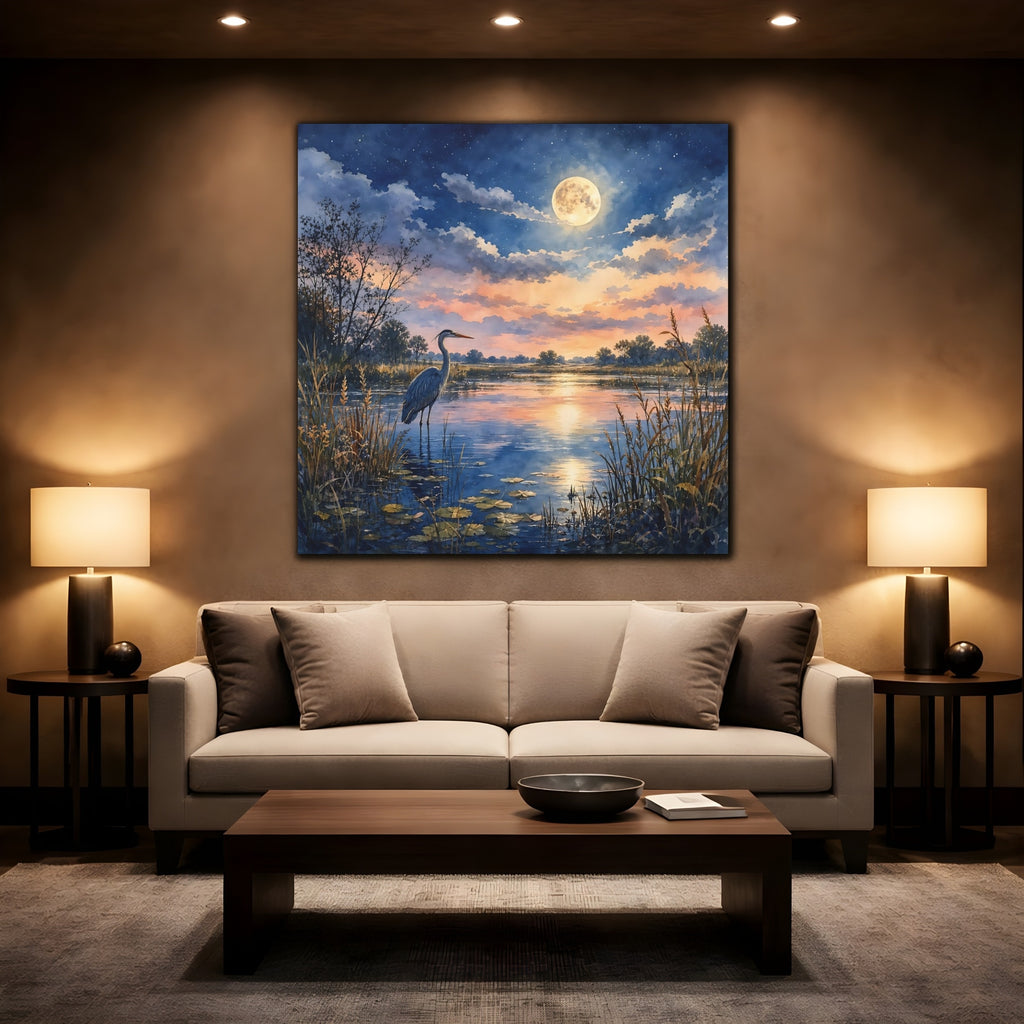 Mockup 2. Nature Heron Twilight Heron shown as stretched canvas wall art