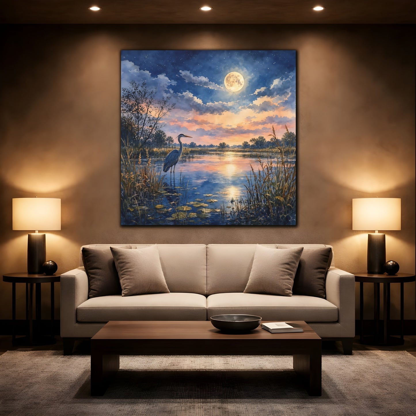Mockup 2. Nature Heron Twilight Heron shown as stretched canvas wall art