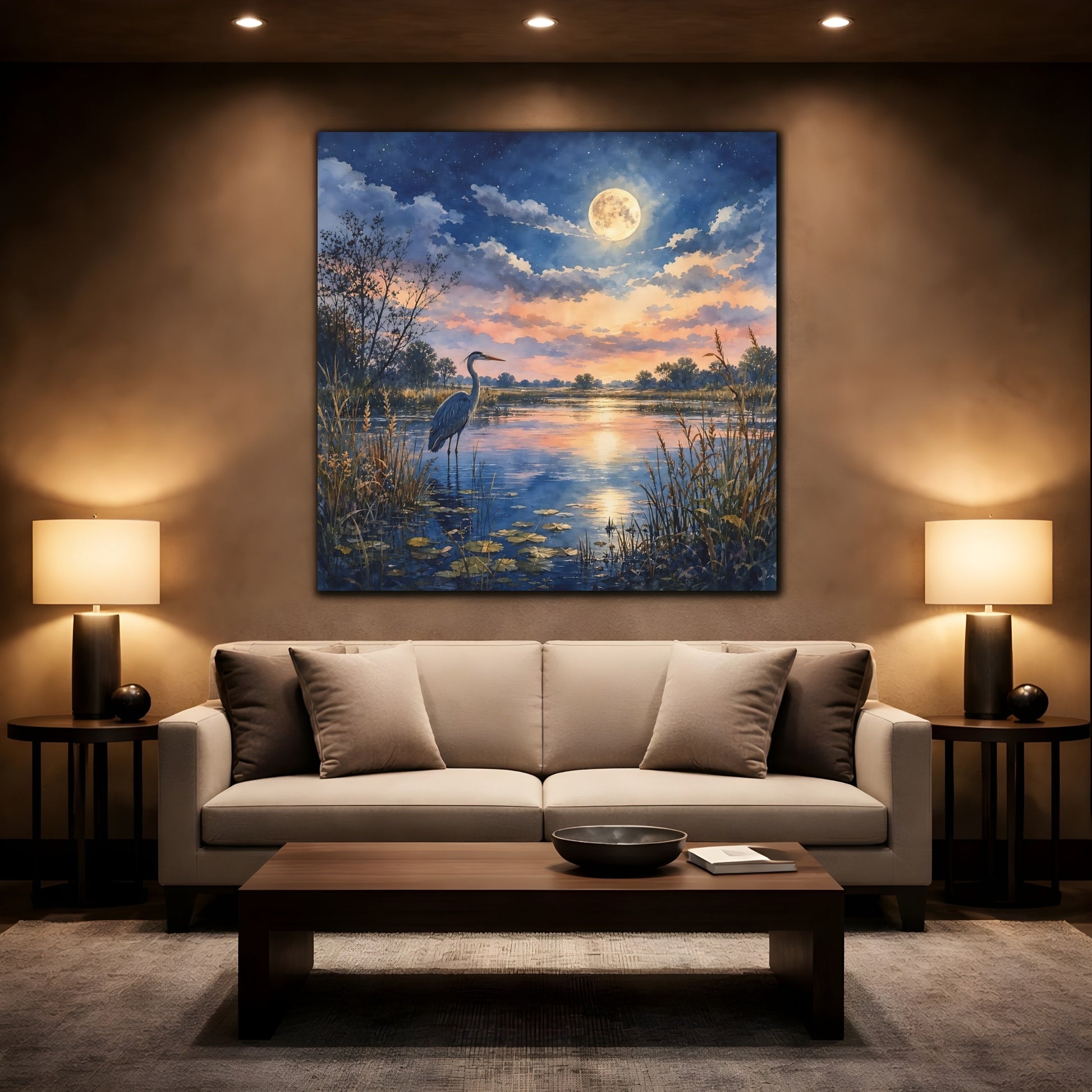 Mockup 2. Nature Heron Twilight Heron shown as stretched canvas wall art