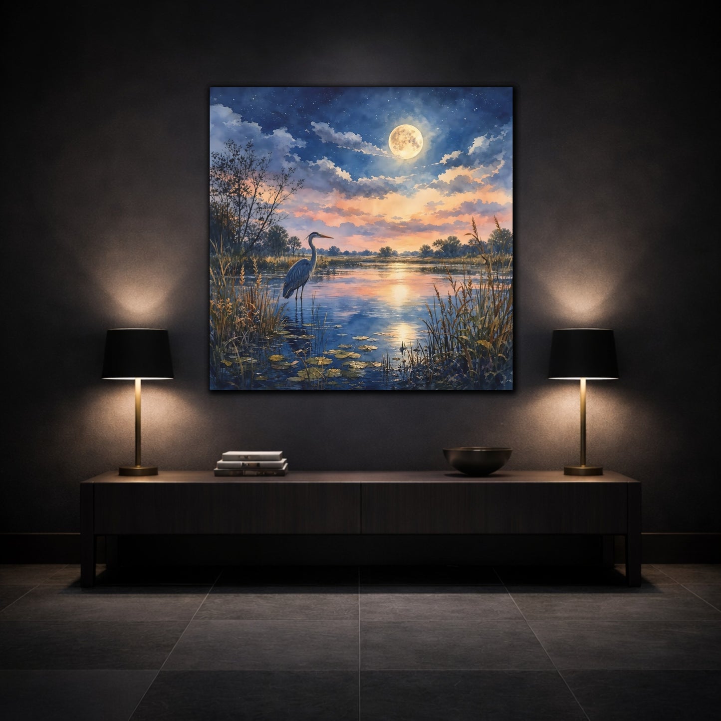 Mockup 3. Nature Heron Twilight Heron shown as stretched canvas wall art