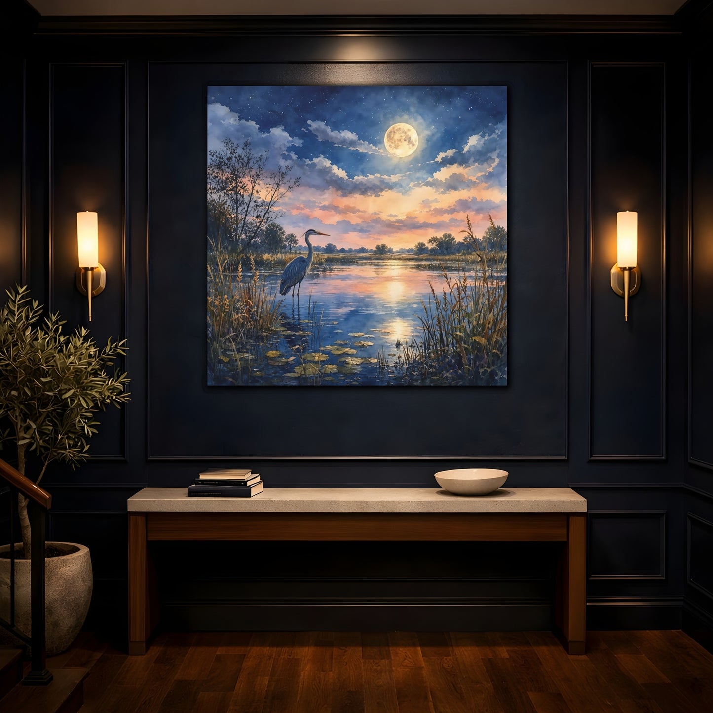Mockup 4. Nature Heron Twilight Heron shown as stretched canvas wall art