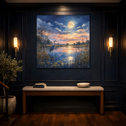 Mockup 4. Nature Heron Twilight Heron shown as stretched canvas wall art