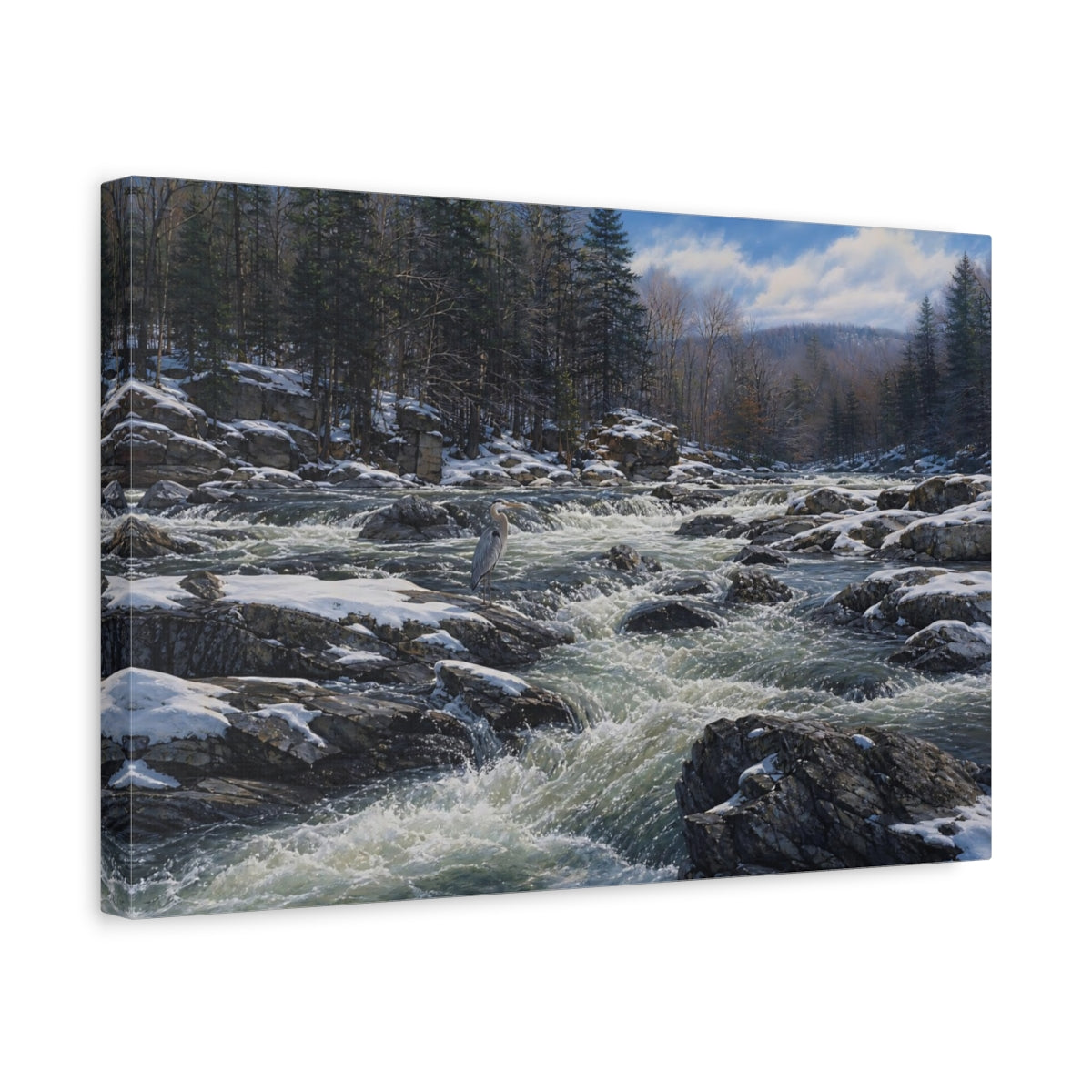 Side Mockup 4. Nature Heron Winter River Heron shown as stretched canvas wall art