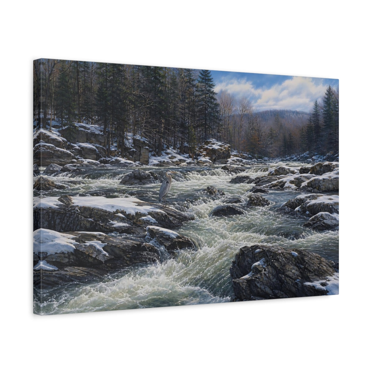 Side Mockup 3. Nature Heron Winter River Heron shown as stretched canvas wall art