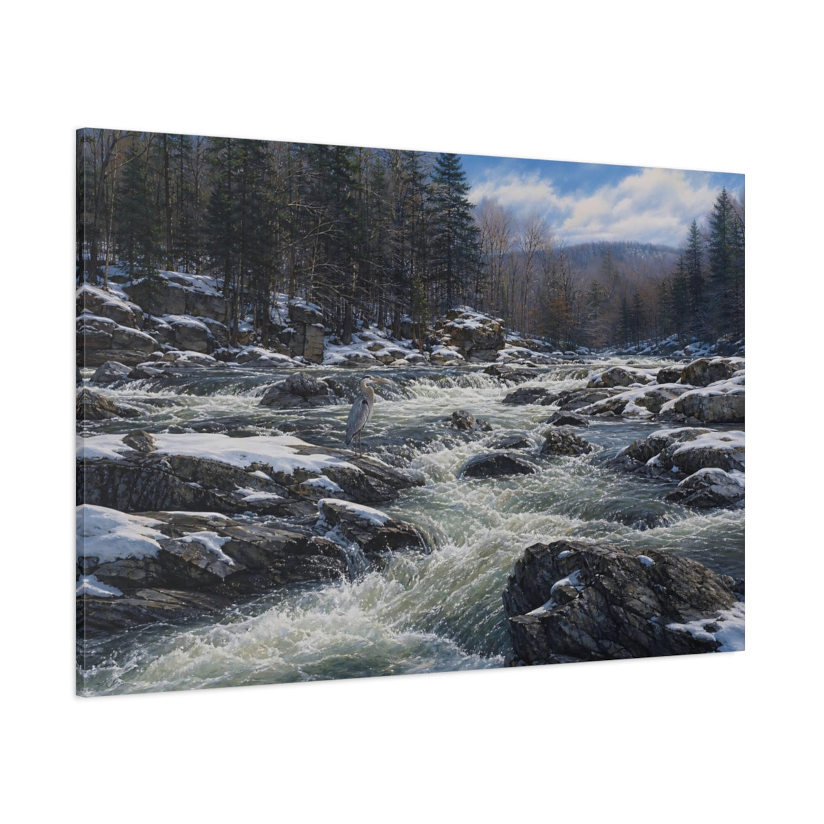 Side Mockup 1. Nature Heron Winter River Heron shown as stretched canvas wall art