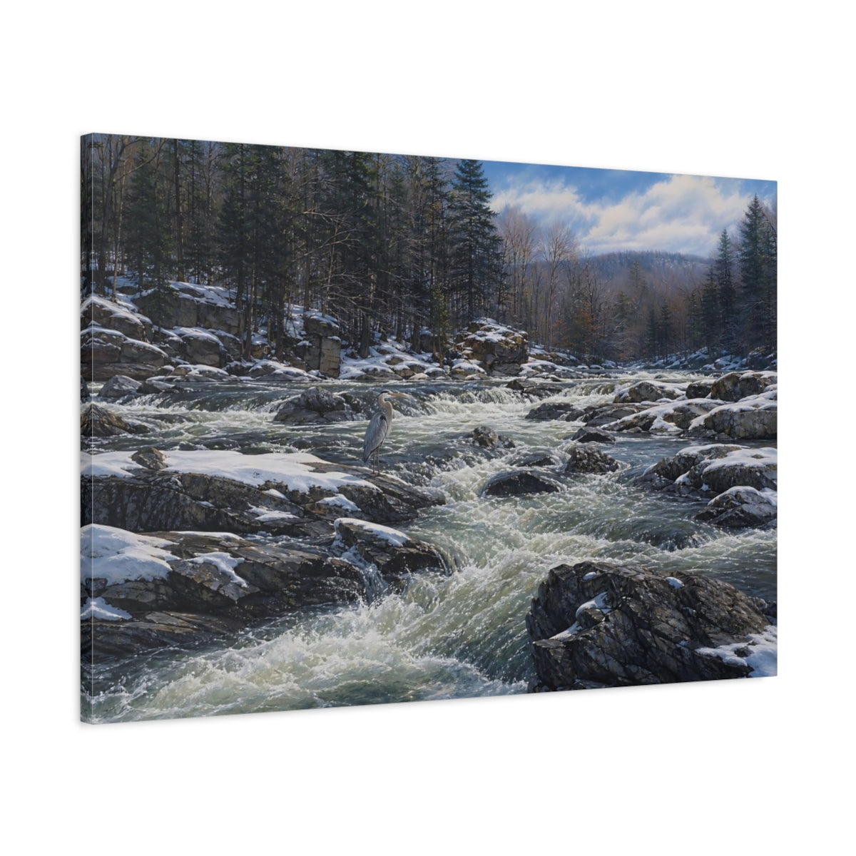 Main Mockup. Nature Heron Winter River Heron shown as stretched canvas wall art