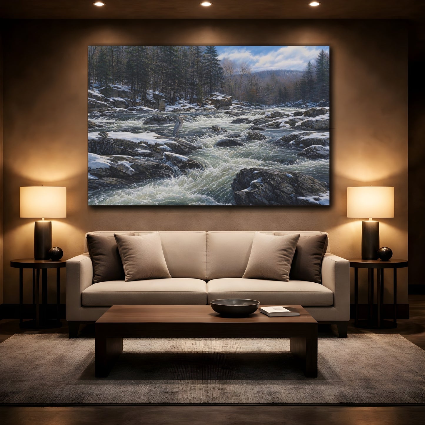 Mockup 2. Nature Heron Winter River Heron shown as stretched canvas wall art