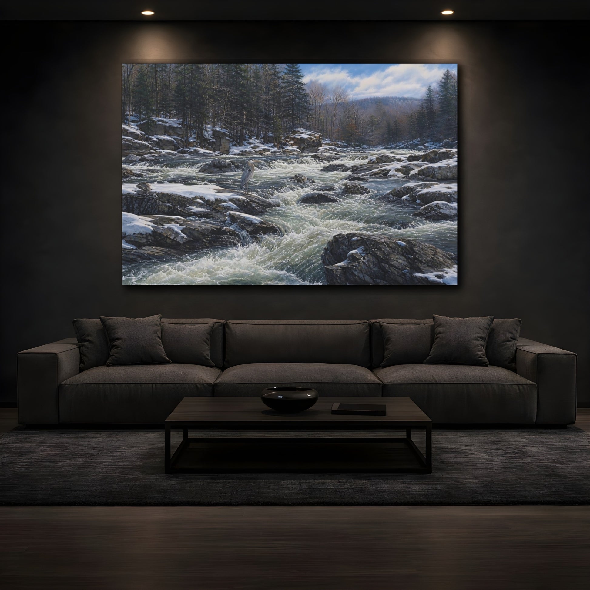 Mockup 3. Nature Heron Winter River Heron shown as stretched canvas wall art