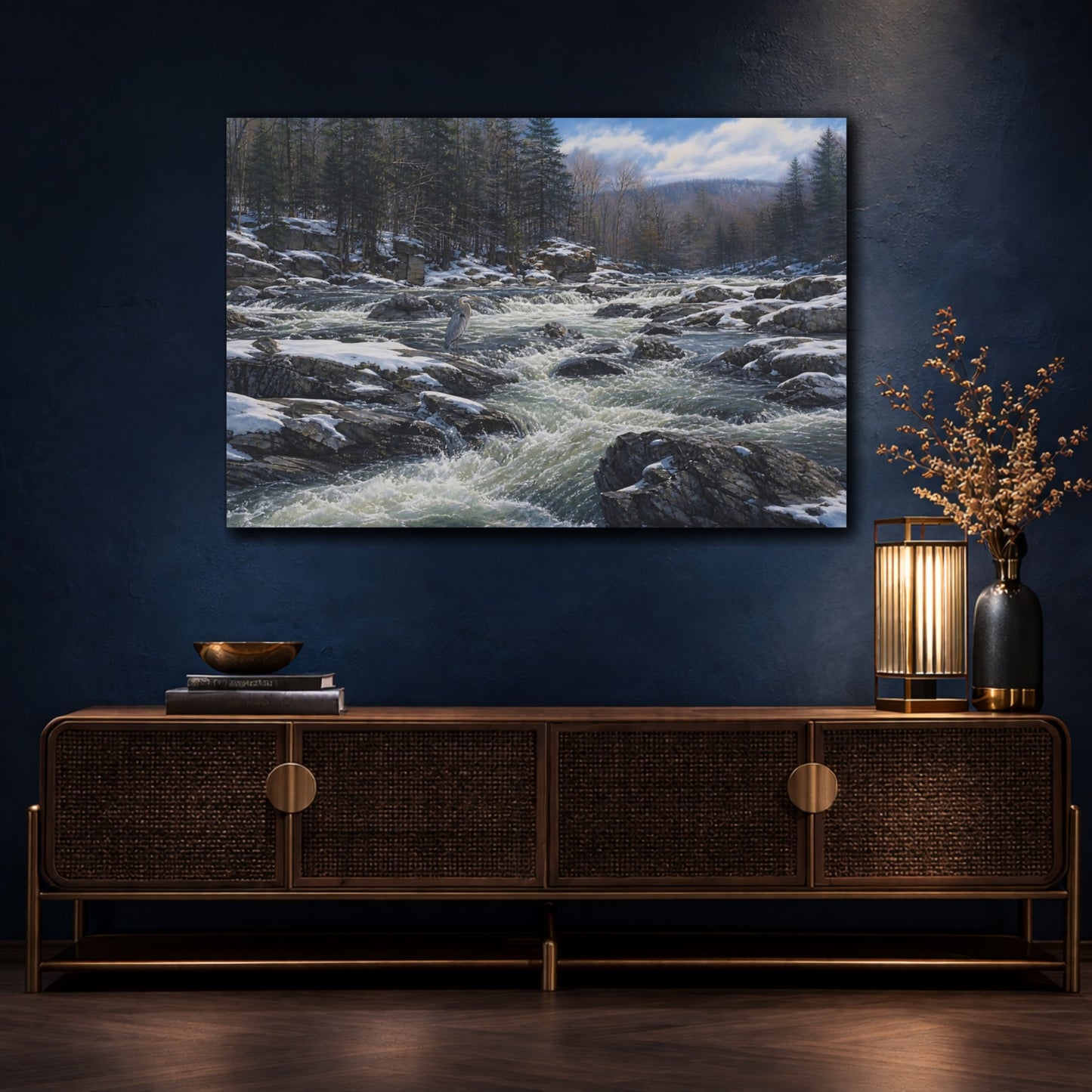 Mockup 4. Nature Heron Winter River Heron shown as stretched canvas wall art