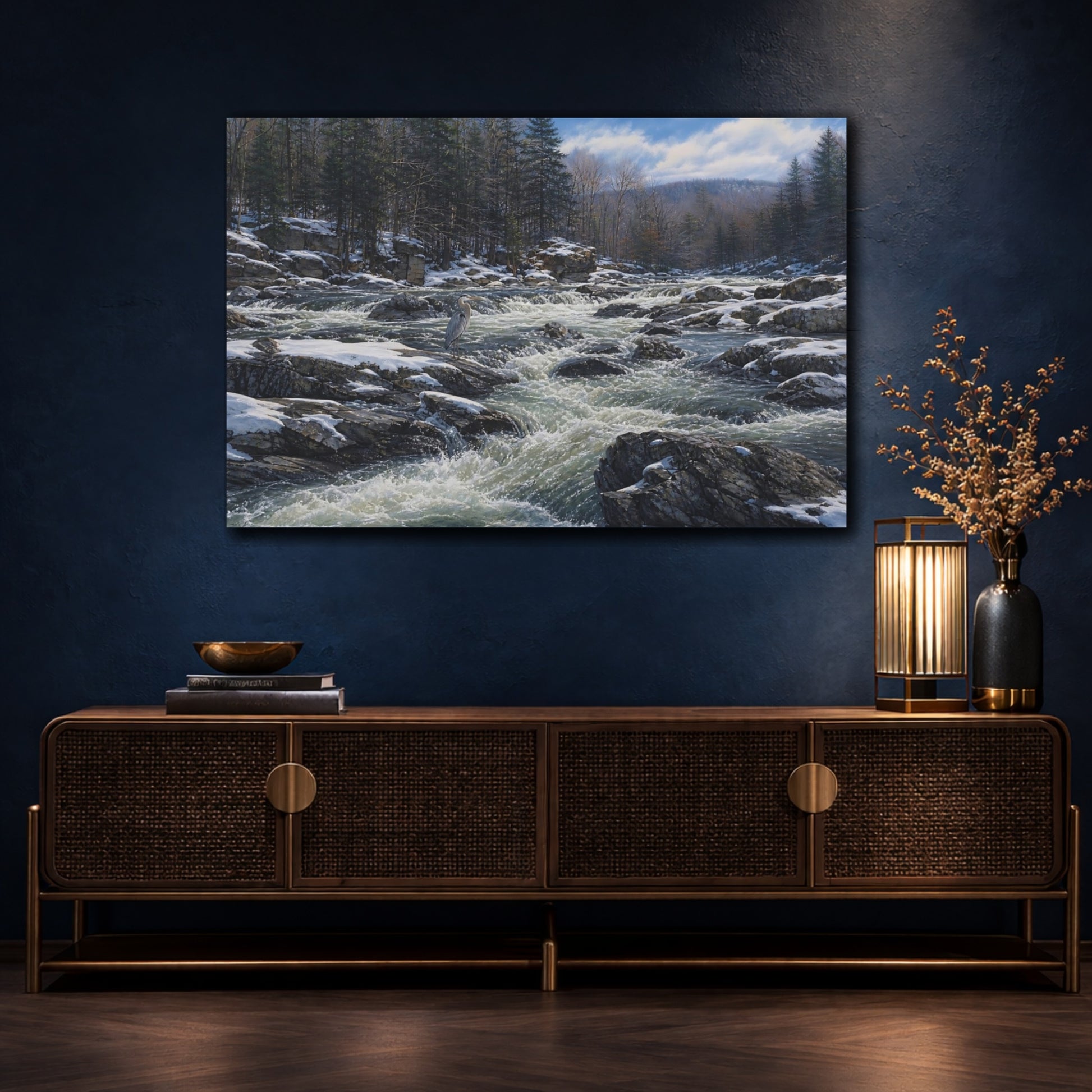 Mockup 4. Nature Heron Winter River Heron shown as stretched canvas wall art
