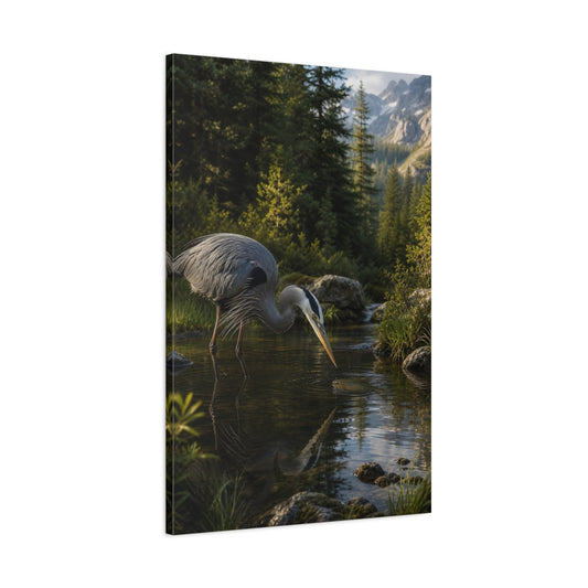 Main Mockup. Nature Heron, Fish Heron Nature Scene shown as stretched canvas wall art