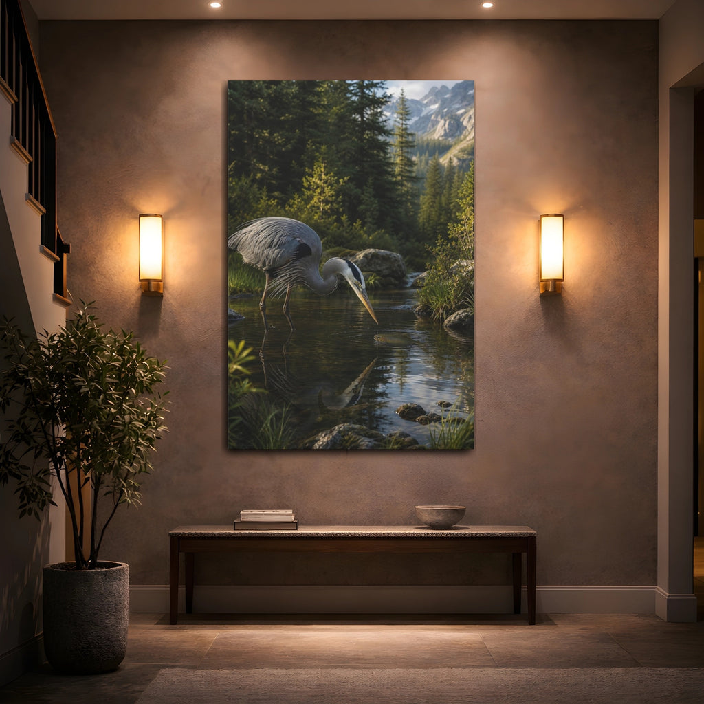 Mockup 2. Nature Heron, Fish Heron Nature Scene shown as stretched canvas wall art