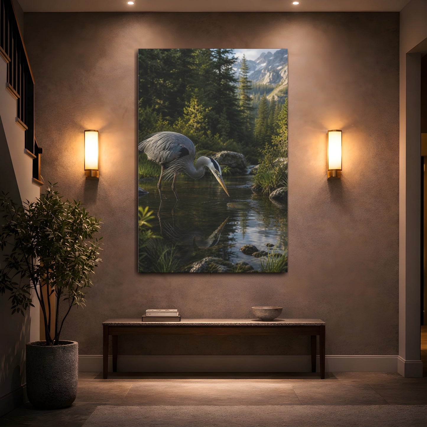 Mockup 2. Nature Heron, Fish Heron Nature Scene shown as stretched canvas wall art